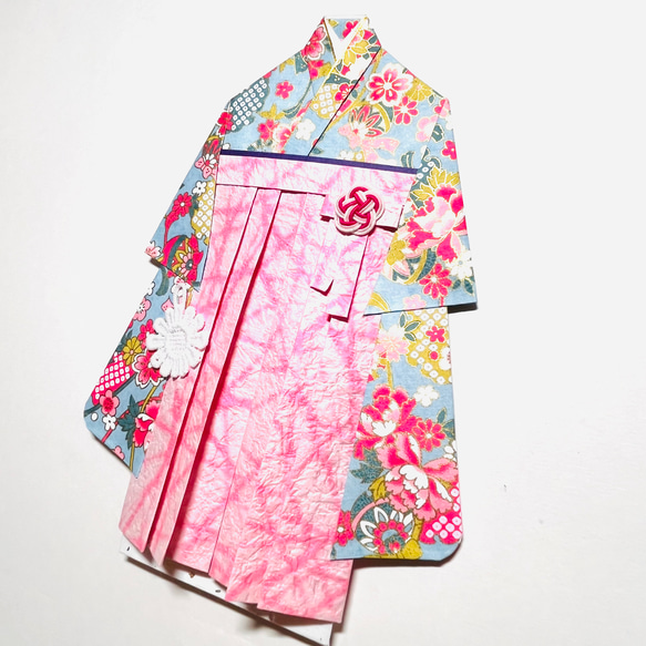 着物のお祝い袋654 ご祝儀袋　はかま　卒業　水色　牡丹　桜 3枚目の画像