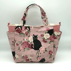猫と薔薇2wayトートバッグ ピンク／選べる仕様 1枚目の画像