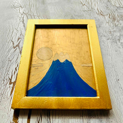 縁起物絵画「富士山と日の出　R」大・油彩・原画・額装・壁掛け・独立スタンド付き 1枚目の画像