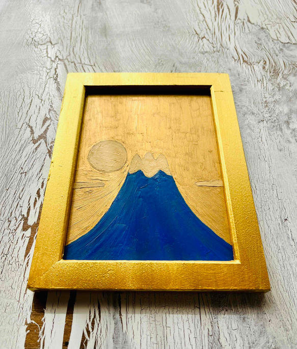 縁起物絵画「富士山と日の出　R」大・油彩・原画・額装・壁掛け・独立スタンド付き 1枚目の画像