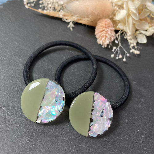 【ヘアゴム】レジン　シェル 数量限定】くすみカラー シェル ヘアゴム 2本セット レジン ヘア