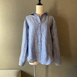 上質なリネンで作ったベーシックシャツ100%リネン　麻　ブルー　春シャツ　抜き衿シャツ　貝ボタン　40サイズ 大人シャツ 10枚目の画像