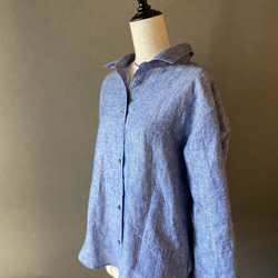 上質なリネンで作ったベーシックシャツ100%リネン　麻　ブルー　春シャツ　抜き衿シャツ　貝ボタン　40サイズ 大人シャツ 1枚目の画像