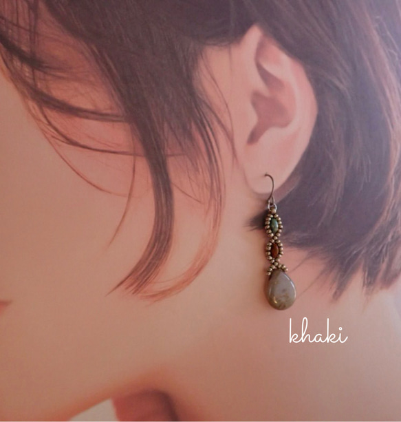 drop beads earrings ＊ lavender/khaki/black 6枚目の画像