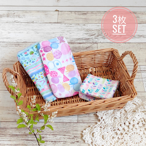 小さなポケットに入るハーフハンカチ☆3枚セット(女の子A)ダブルガーゼ