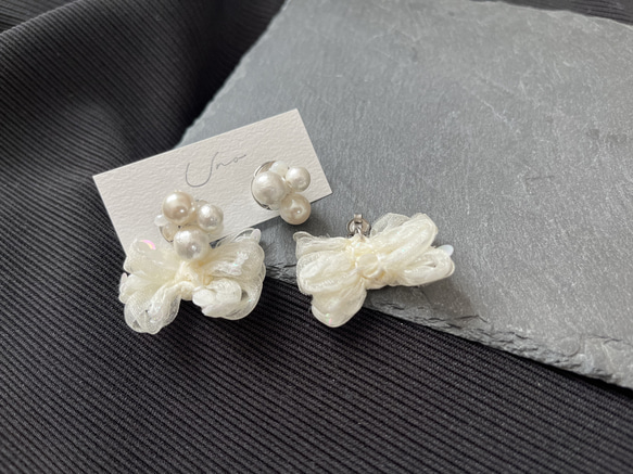 ふりふりribbon×cotton pearlピアス・イヤリング 3枚目の画像