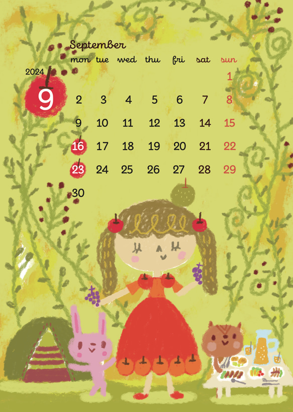 apple princessりんごちゃんと過ごす1年。A4サイズ見開きのカレンダー2024 11枚目の画像