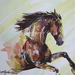 春へ。駈ける馬２０２４（A4サイズ、水彩画用紙、水彩、墨、パステル） 1枚目の画像