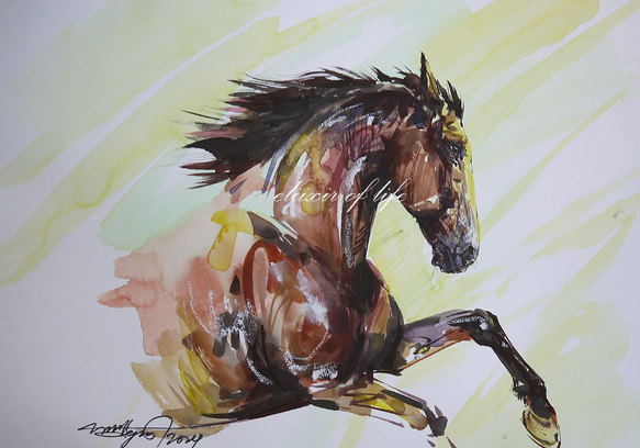 春へ。駈ける馬２０２４（A4サイズ、水彩画用紙、水彩、墨、パステル） 1枚目の画像