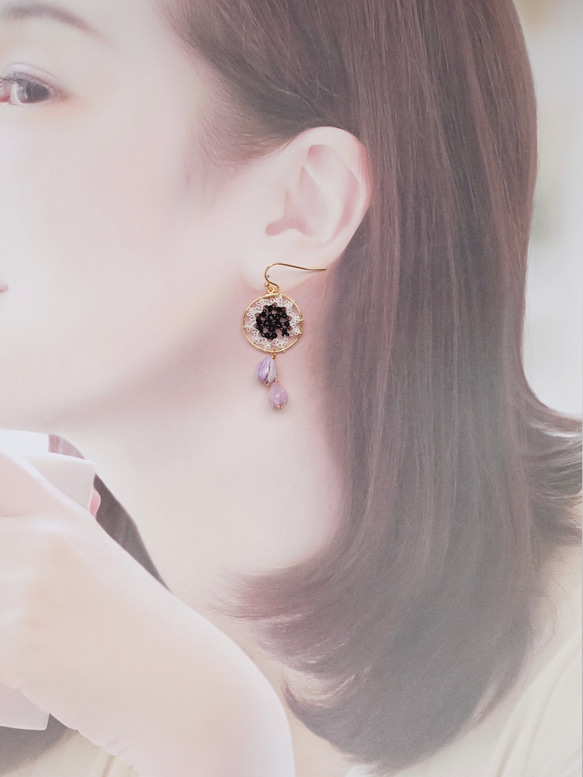 《再次上架》❖︎二月生日石&lt;紫水晶&gt;❖︎絲綢蕾絲和紫丁香耳環/耳環 第6張的照片