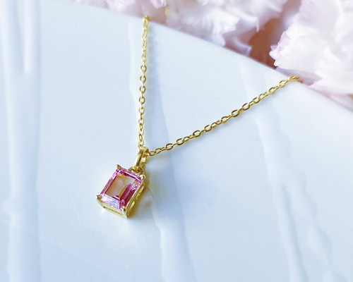 ピンクトパーズの枠留めスクエアネックレス -Euphemia- ネックレス