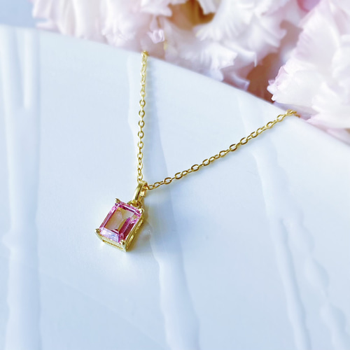 ピンクトパーズの枠留めスクエアネックレス -Euphemia- ネックレス