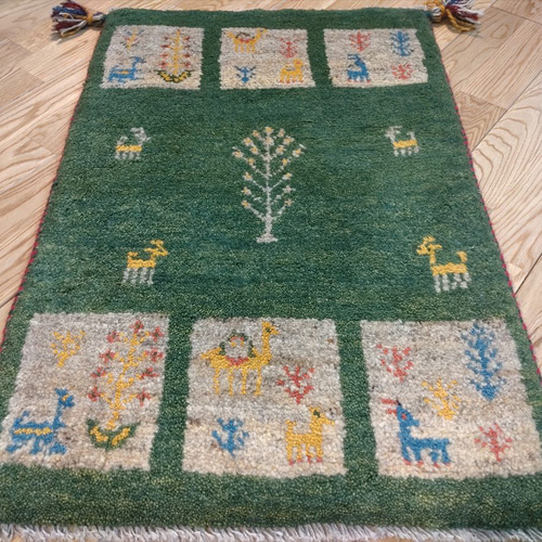 ペルシャ ギャッベ 玄関マット 75x50cm ラクダ 生命の木 緑色