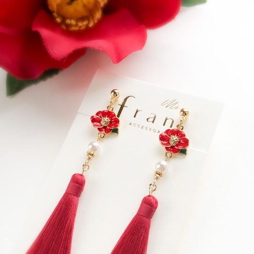 再販16☆赤フリンジカラフルピアスイヤリング夏タッセルネイティブ