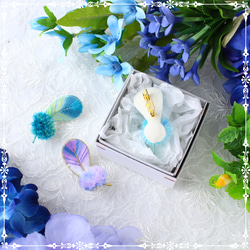 【新春初売り】立体刺繍/鳥の羽根＊翼イヤリング/ピアス＊ハチドリ＆一枚羽根の刺繍ブローチ(Blue) 8枚目の画像
