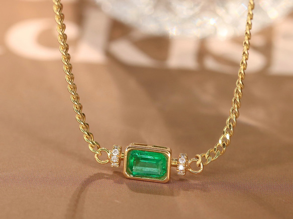 天然ダイヤモンド付きエメラルドネックレスk18 ネックレス  