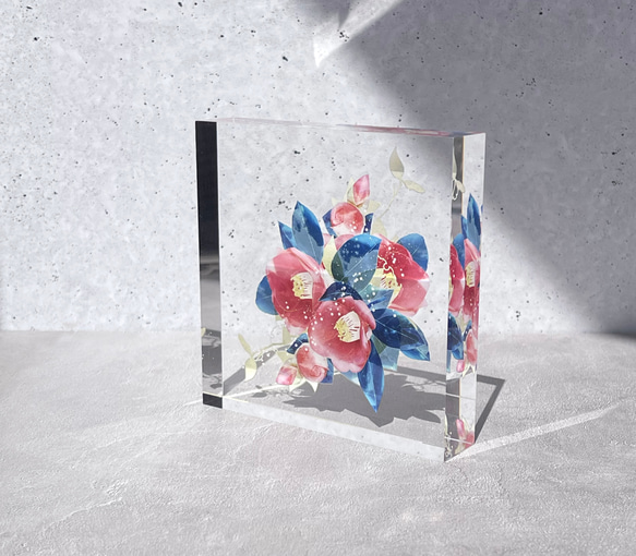 -椿- 花と草木のアクリルブロック（10cm×10cm） 6枚目の画像