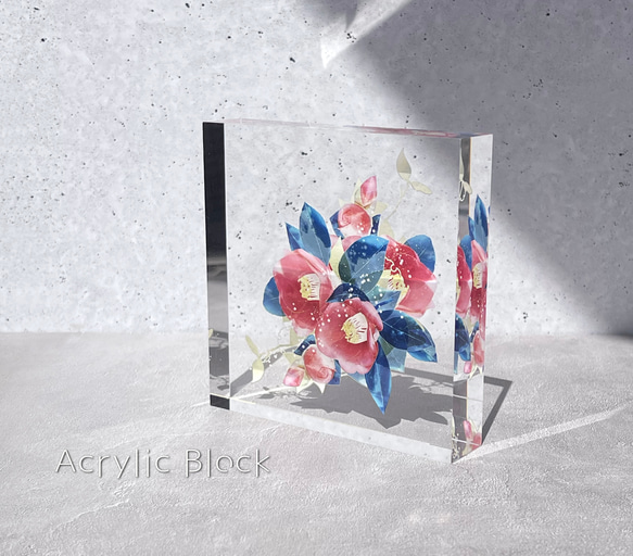 -椿- 花と草木のアクリルブロック（10cm×10cm） 1枚目の画像