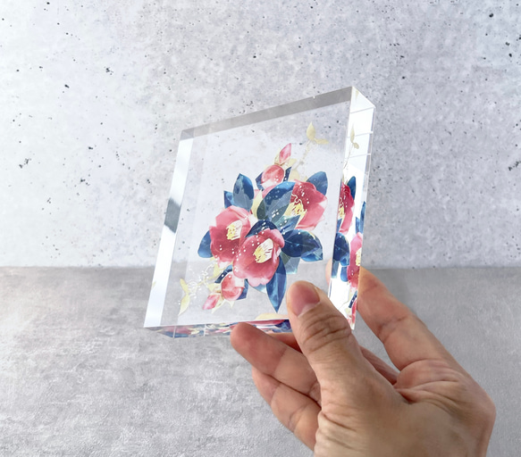 -椿- 花と草木のアクリルブロック（10cm×10cm） 7枚目の画像