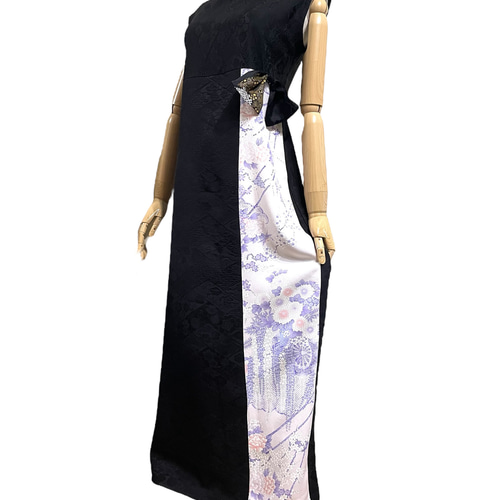 送料無料 着物 リメイク 地模様 黒 ロングドレス L ハンドメイド 着物  