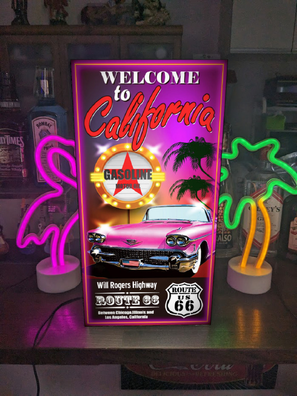 【Lサイズ】ルート66 アメ車 カリフォルニア ガソリンスタンド 店舗 自宅 ガレージ 看板 置物 雑貨 ライトBOX 1枚目の画像