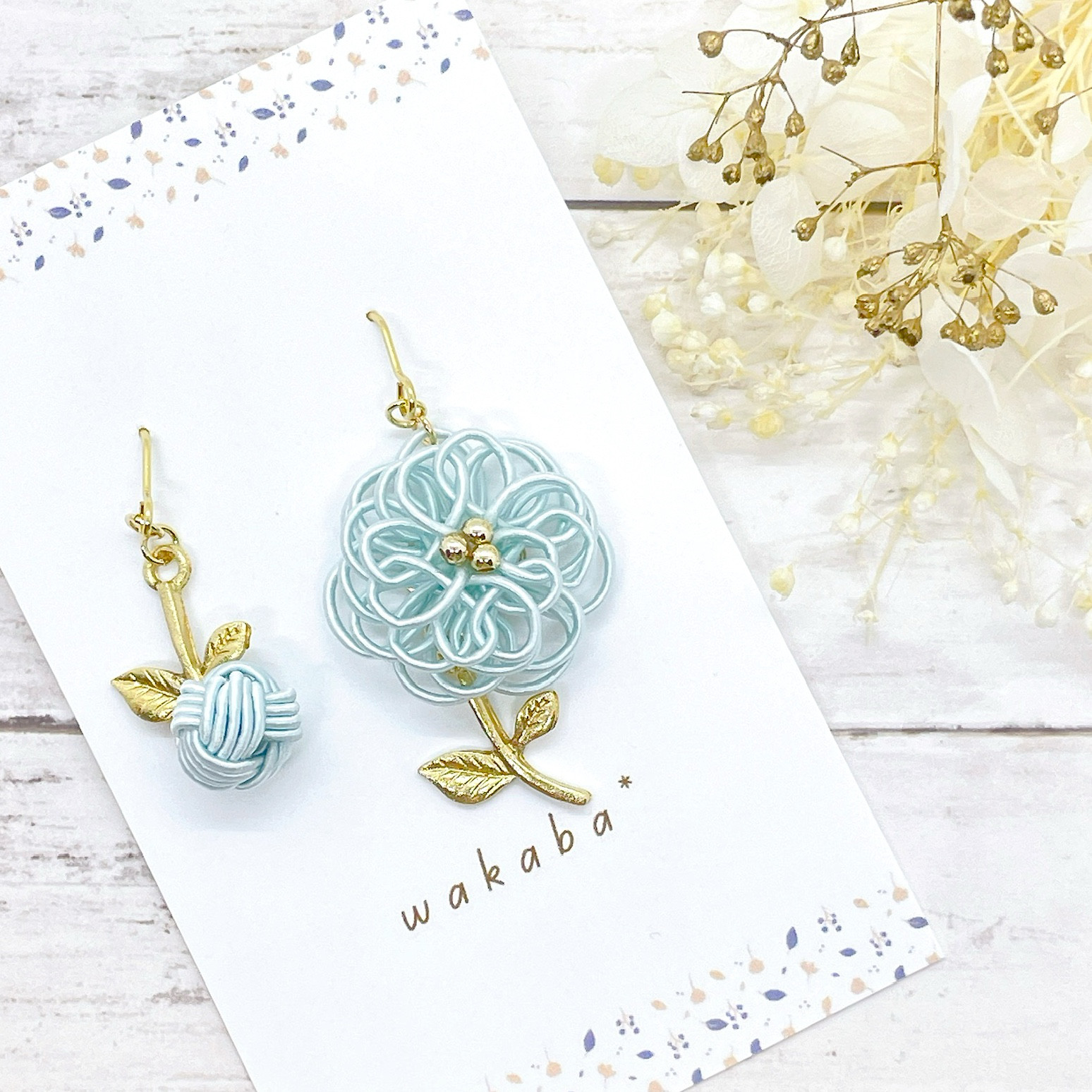 D423 アベンチュリン 和風ロング 水引&天然石 アシンメトリーピアス