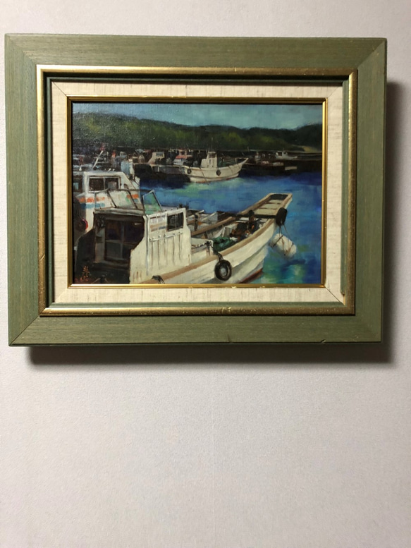 オリジナルアート作品「朝の漁港」油彩、手描き、1点物、真筆、送料無料。 1枚目の画像