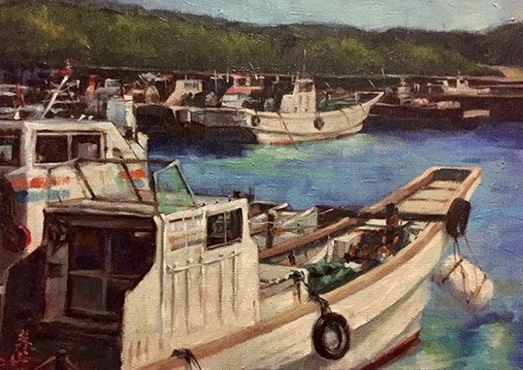 オリジナルアート作品「朝の漁港」油彩、手描き、1点物、真筆、送料無料。 2枚目の画像