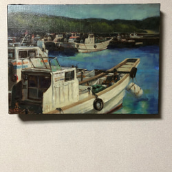 オリジナルアート作品「朝の漁港」油彩、手描き、1点物、真筆、送料無料。 3枚目の画像