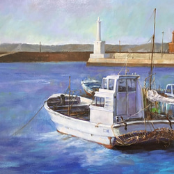 オリジナルアート作品「停泊船」油彩、1点物、手描き、原画 2枚目の画像