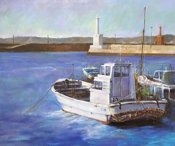 オリジナルアート作品「停泊船」油彩、1点物、手描き、原画 2枚目の画像