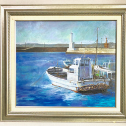 油絵ヨット停泊 （海の絵画をリトグラフの版画で制作した大和