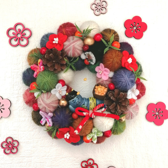 受注制作〜新作2024カラフルでにっこり❀毛糸玉の節分飾り〈寝転ぶ青鬼