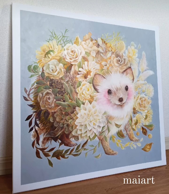 アート原画：「花ハリネズミ(黄花)」72.7×72.7cmキャンバス/油絵 3枚目の画像