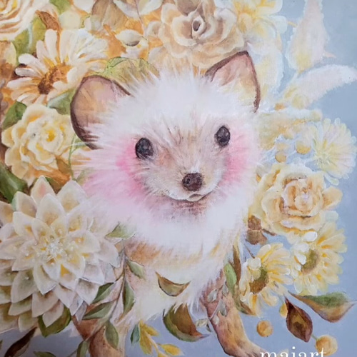 アート原画：「花ハリネズミ(黄花)」72.7×72.7cmキャンバス/油絵