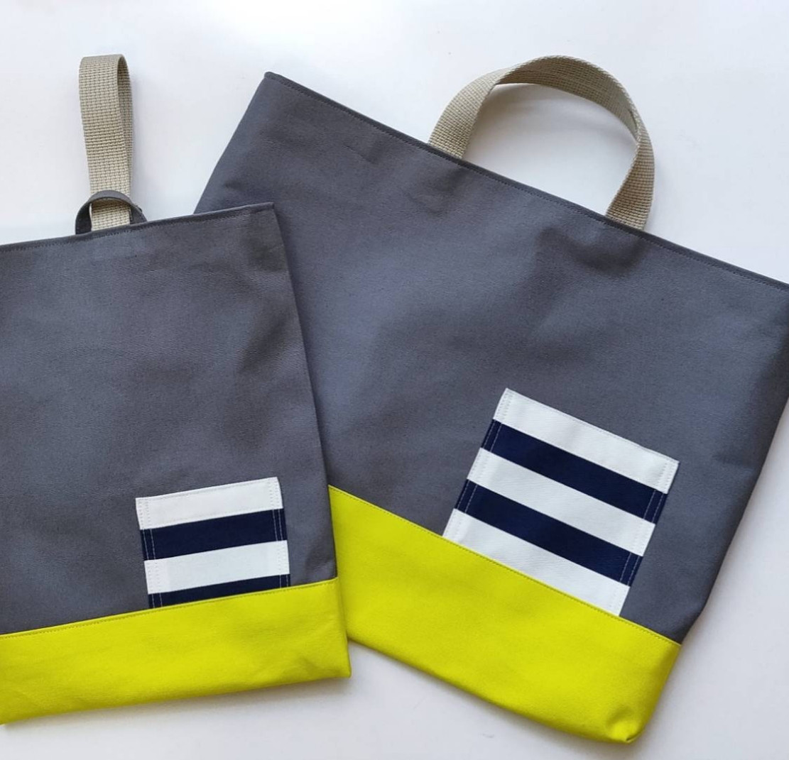 １１号帆布　グレー×イエロー　レッスンバッグ上靴入れセット　男の子