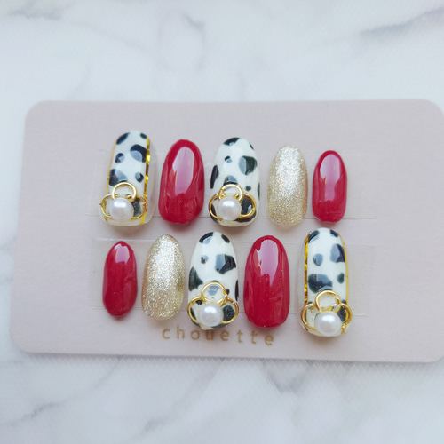 ネイルチップ つけ爪 牛柄 ホルスタイン ニュアンス ワンホン 韓国
