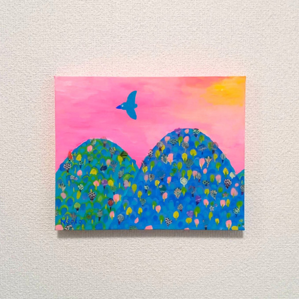 『ピンクの空と山』アクリル絵画　原画　アート　サイズ約27㎝×22㎝ 1枚目の画像