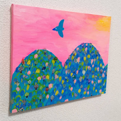 『ピンクの空と山』アクリル絵画　原画　アート　サイズ約27㎝×22㎝ 2枚目の画像
