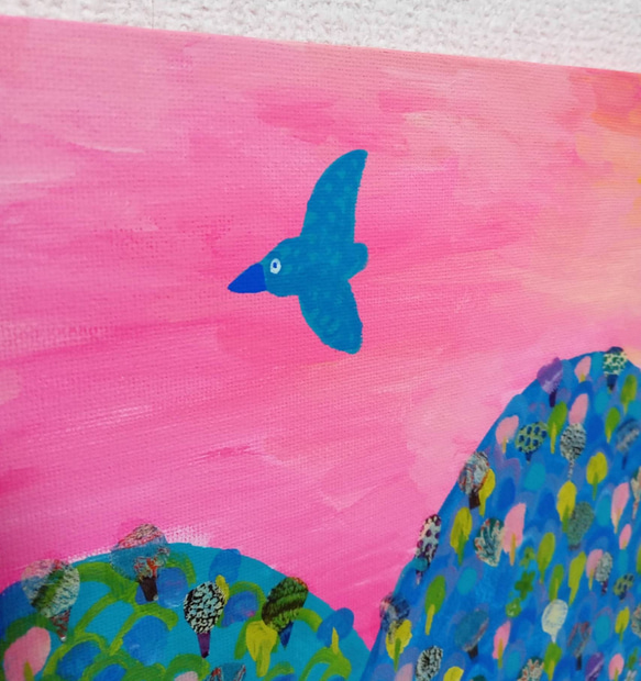 『ピンクの空と山』アクリル絵画　原画　アート　サイズ約27㎝×22㎝ 6枚目の画像