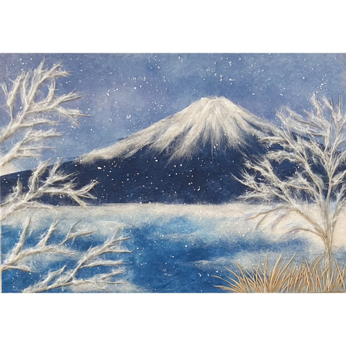 和紙ちぎり絵『雪富士』サムホールサイズ原画 絵画 彩紘工房