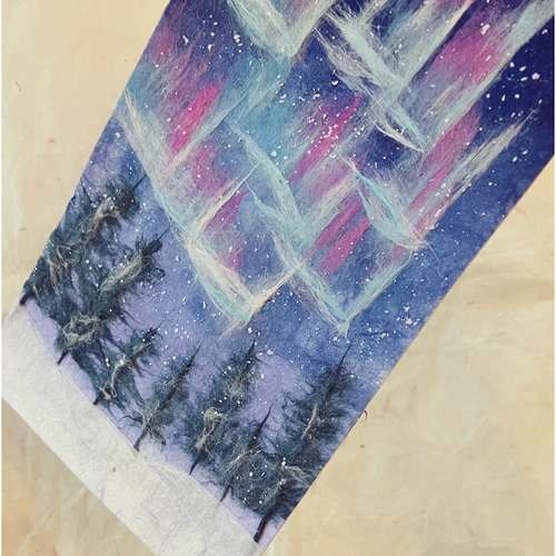 和紙ちぎり絵『キラキラオーロラ』葉書サイズ原画 切り絵 彩紘