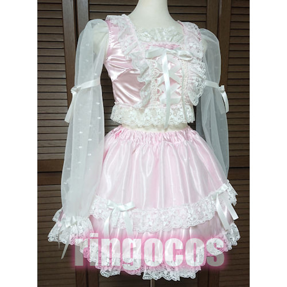 アイドル衣装 ピンク×白 編み上げリボン オリジナル ハンドメイド コスプレ衣装 ロリータ ロリィタ 長袖 3枚目の画像