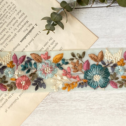 インド刺繍リボン 4.5cm幅×50cm 水色 チュール素材 ✳︎ ライトブルー くすみブルー 2枚目の画像