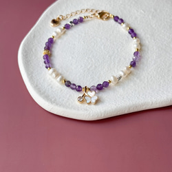 幸福三葉草 切面紫水晶 迷你珍珠 天然石 手鍊手環 生日禮物 第2張的照片