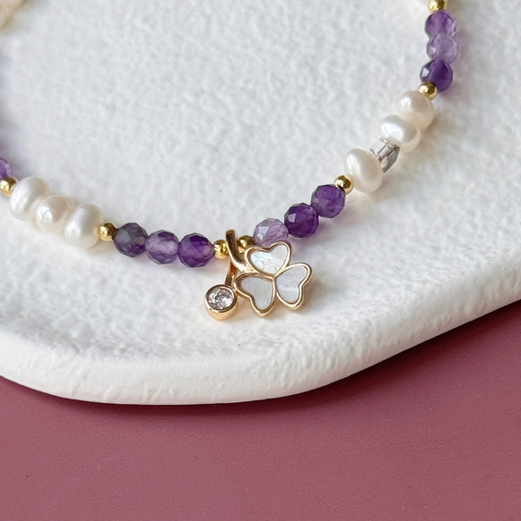 幸福三葉草 切面紫水晶 迷你珍珠 天然石 手鍊手環 生日禮物 第4張的照片