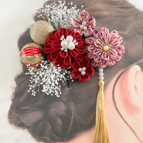 つまみ細工髪飾り 成人式 結婚式 和玉 赤 ピンク 金 かすみ草 9点