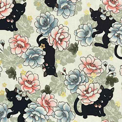 小さめ黒猫と牡丹柄【オーダー生地見本】 （《QuiltGate キルトゲイト  