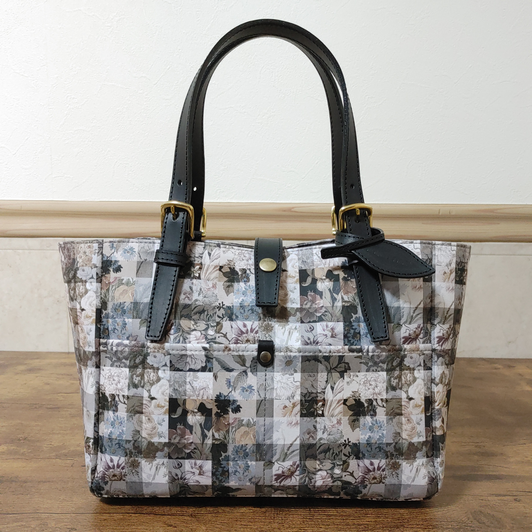 リバティ × 本革 トートバッグ 『アーカイブギンガム×グレージュ』 SK-RS3