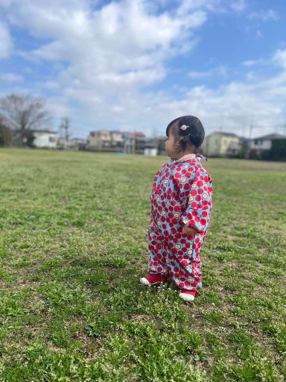 【80   90】撥水　プレイウェア　お砂場着　格子柄　ターコイズ 10枚目の画像